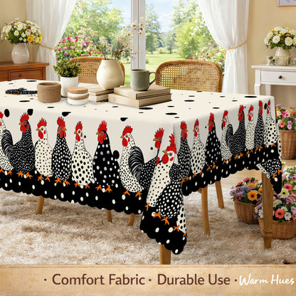 Farmhouse Polka Dot Rooster Tablecloth – Rustic Kitchen & Dining Decor