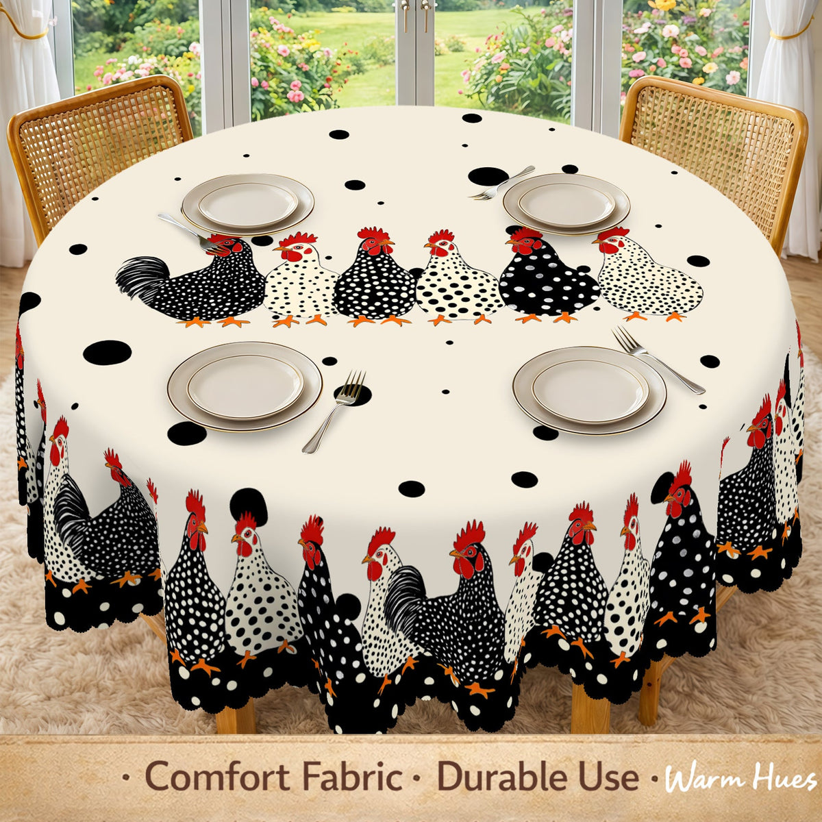 Farmhouse Polka Dot Rooster Tablecloth – Rustic Kitchen & Dining Decor