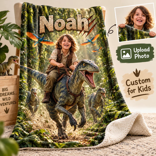 Custom Photo Dinosaur Blanket - Personalized Name & Dino Adventure Gift for Kids