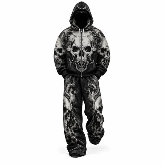Black Gothic Skull Flame Mask Hoodie Tracksuit Set