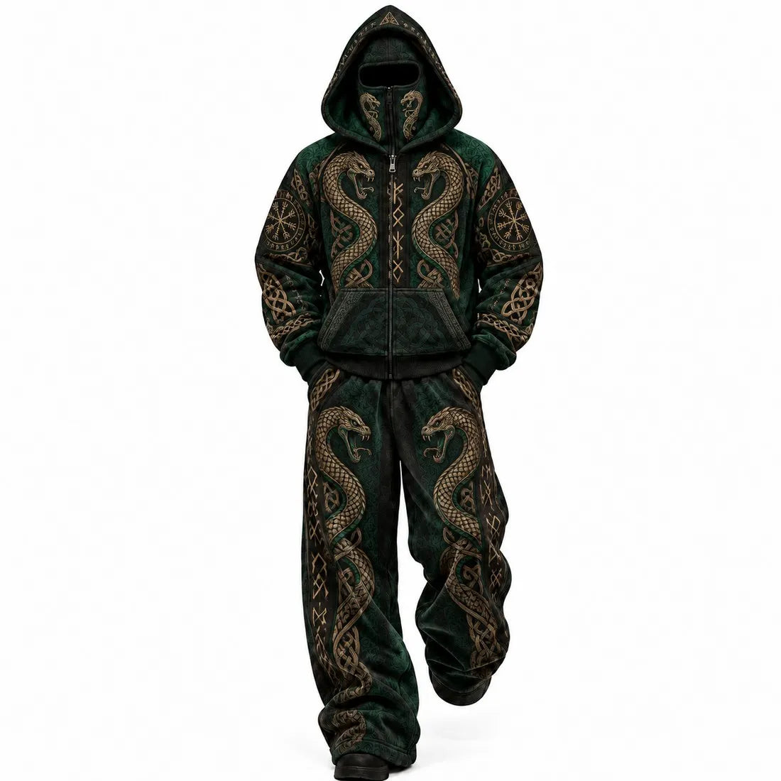 Dark Green Viking Serpent Mask Hoodie Set
