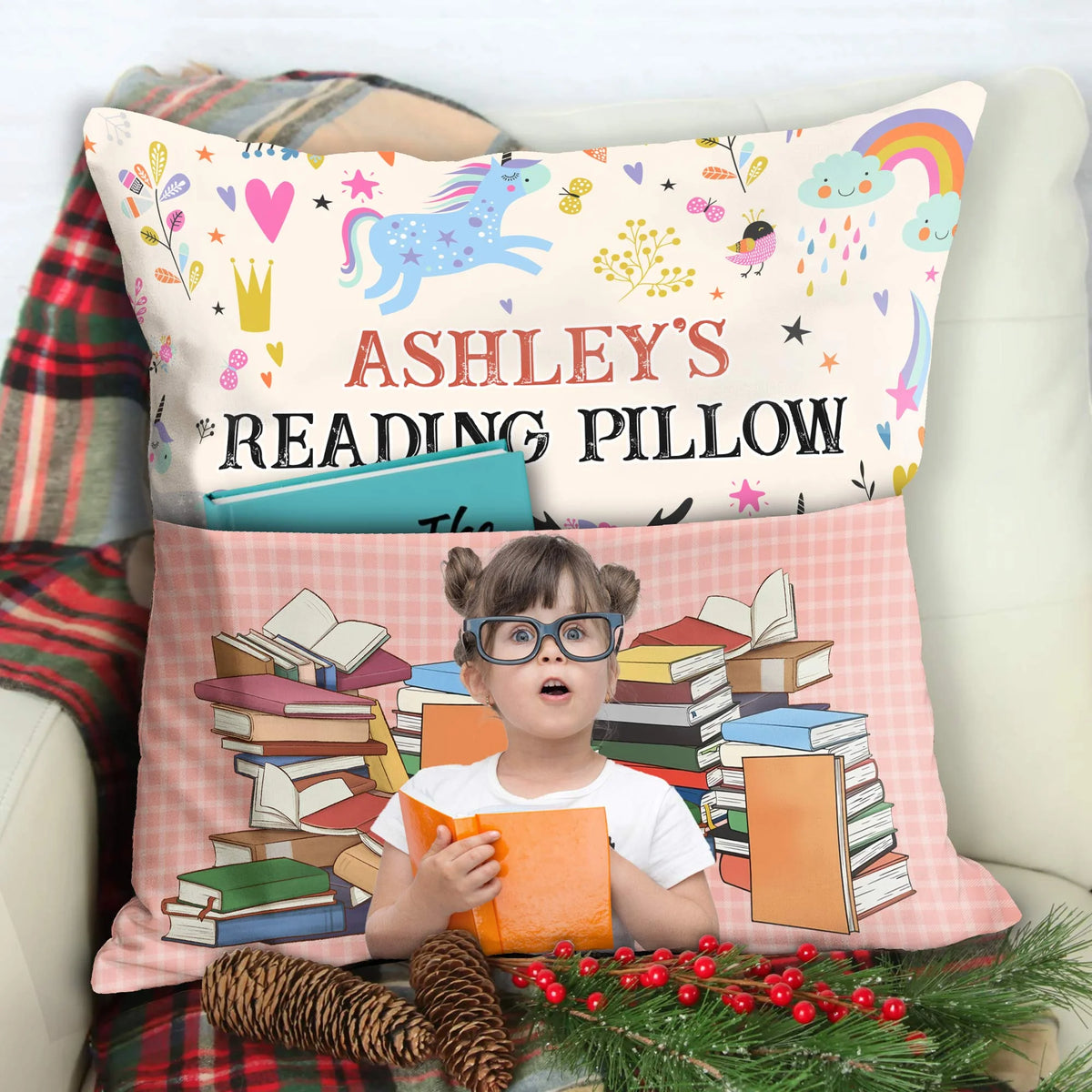Kid's Reading Pillow - Personalized Pocket Photo Pillow (Insert Included)