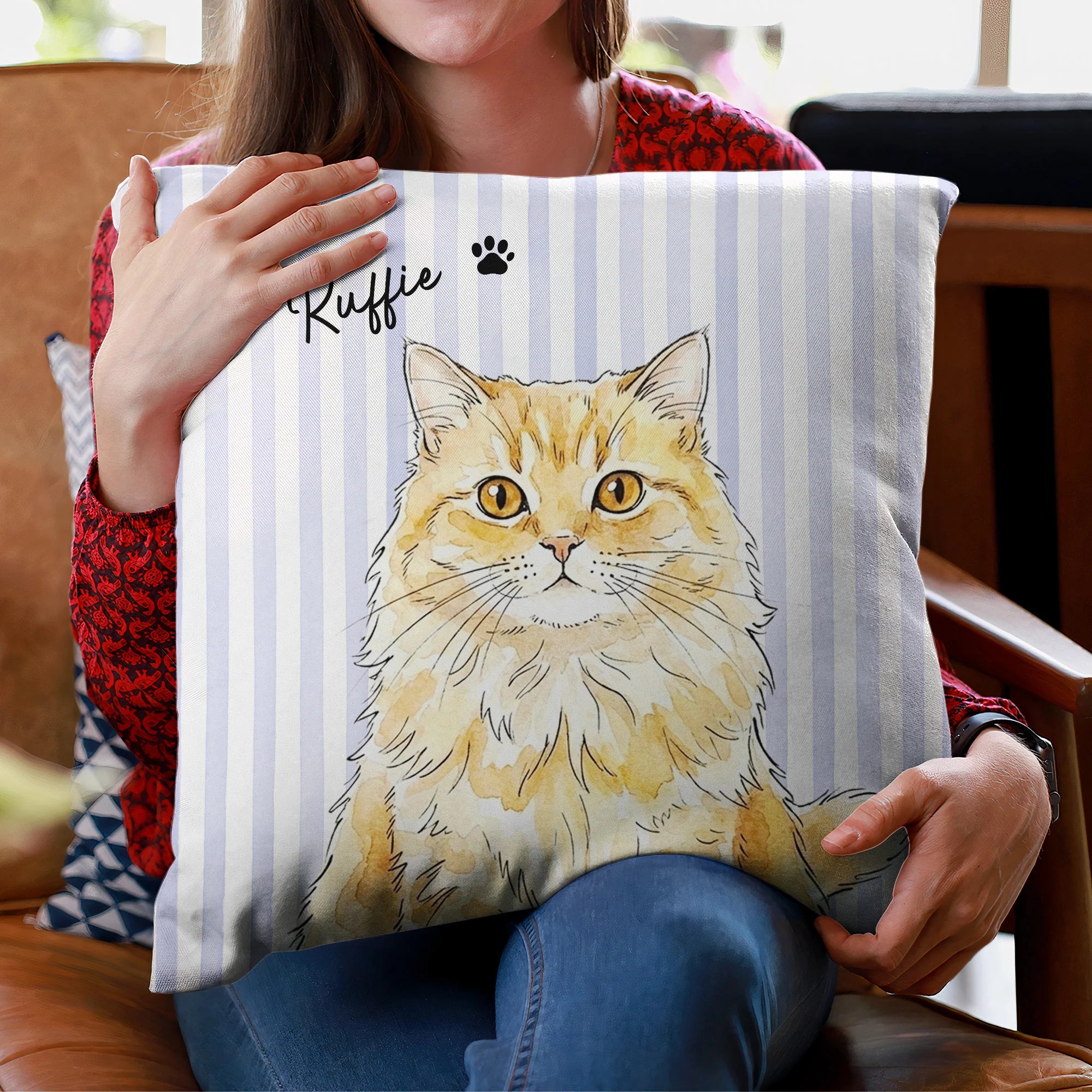 Custom Striped Pet Pillow Watercolor Art - Personalized Pillow