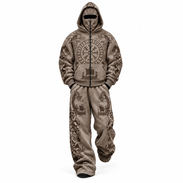 Khaki Viking Rune Compass Mask Hoodie Tracksuit Set