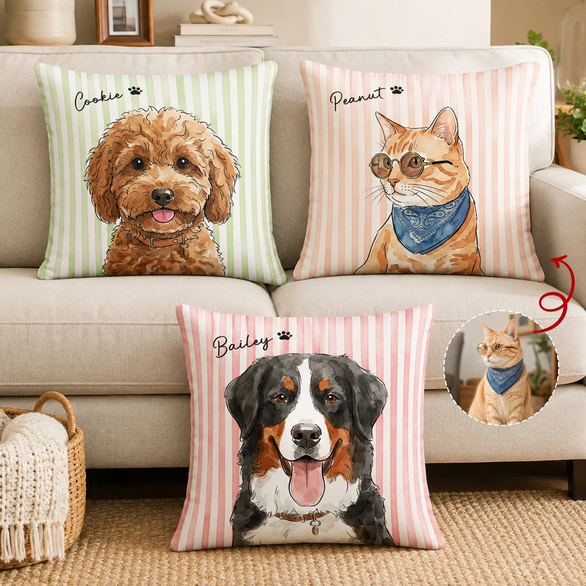 Custom Striped Pet Pillow Watercolor Art - Personalized Pillow