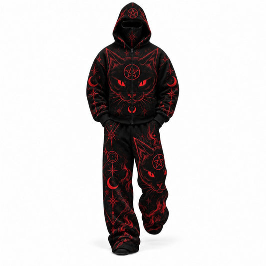 Black Gothic Occult Cat Mask Hoodie Tracksuit Set